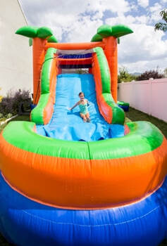 girl sliding down a blow up palm tree water slide